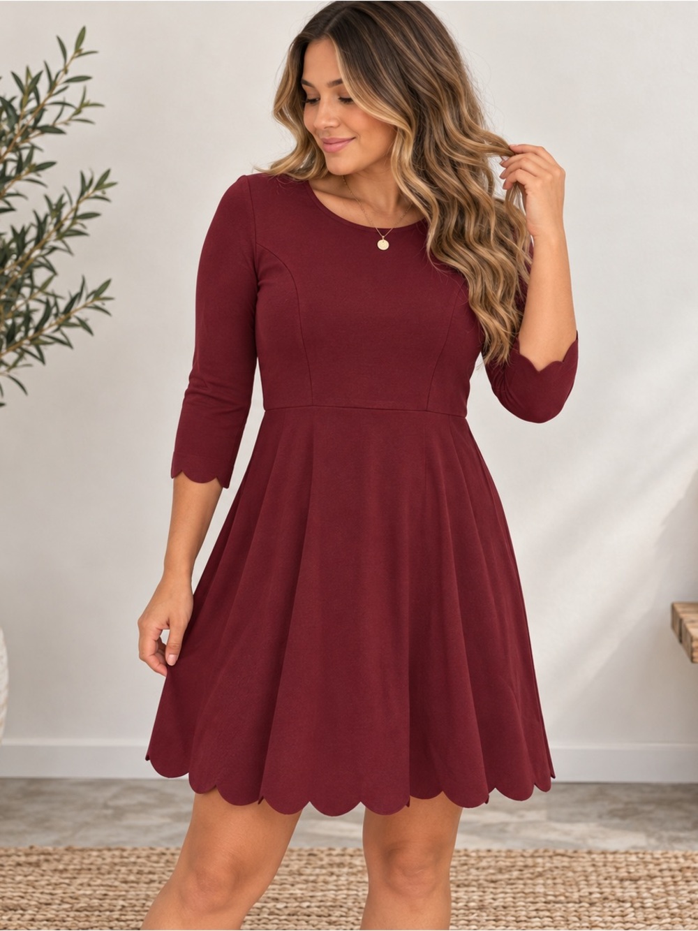 Lulu's Burgundy Scalloped Fit & Flare Mini Dress